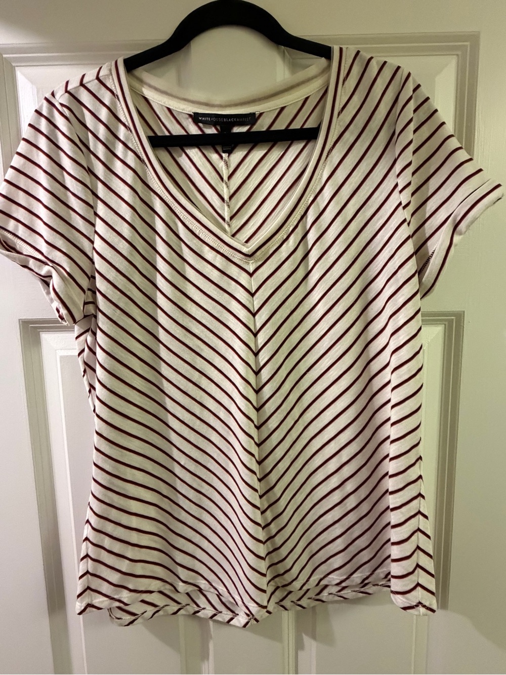 White House Black Market Cream V-Neck Tee with Red Stripes
